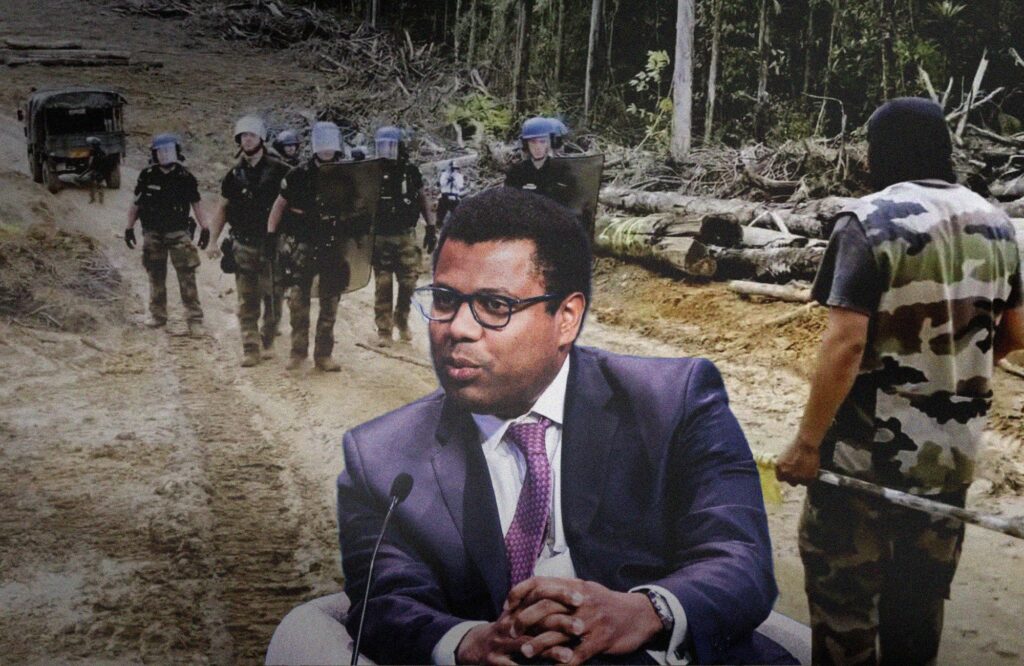 Thierry Déau devant le site gardé par les gendarmes en Guyane