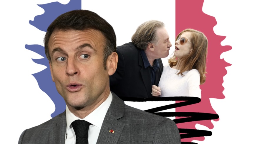 Macron devant Depardieu tentant d'embrasser Huppert